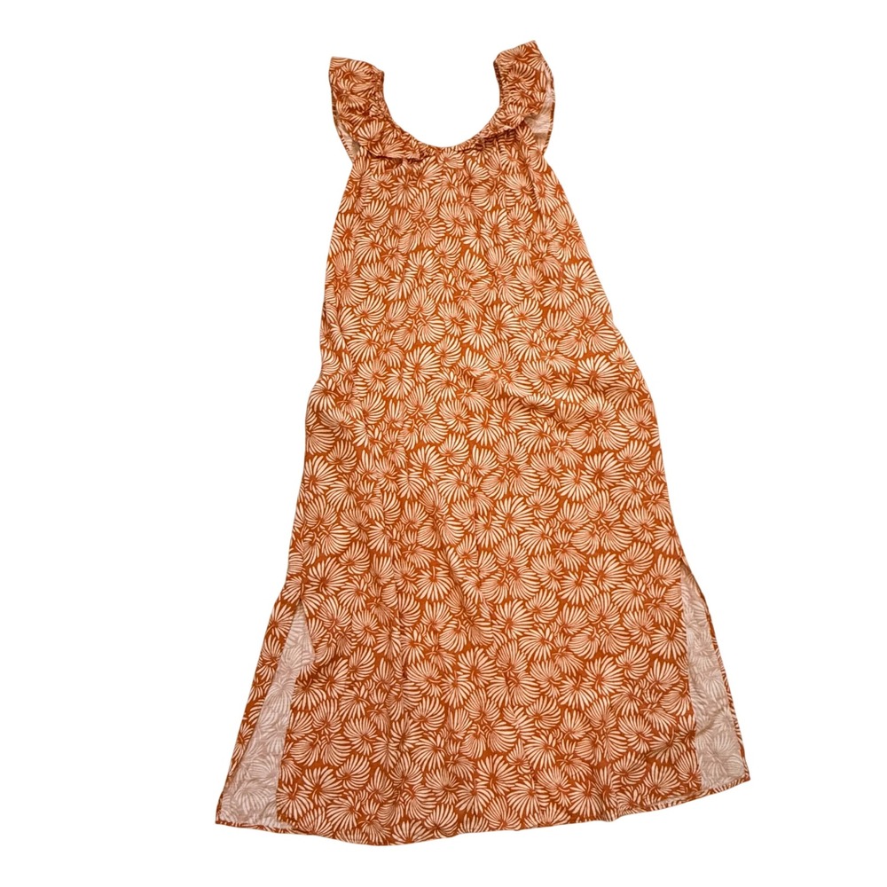 LOFT Orange Tropical Palm Leaf Ruffle Neck Midi Dress XXS Pocket Slit